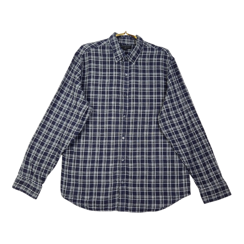Banana Republic Slim Fit Men XL Blue/White Madras Plaid Doub Weave Button Shirt